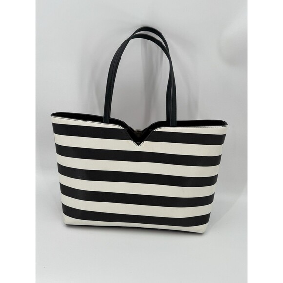 Betsey Johnson KITSCH Black White Striped Pink Bow Large Tote Shoulder Bag EUC - Picture 8 of 16